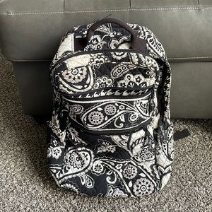 Vera Bradley Laptop Tech Backpack Black White Paisley Cotton Pockets Zip